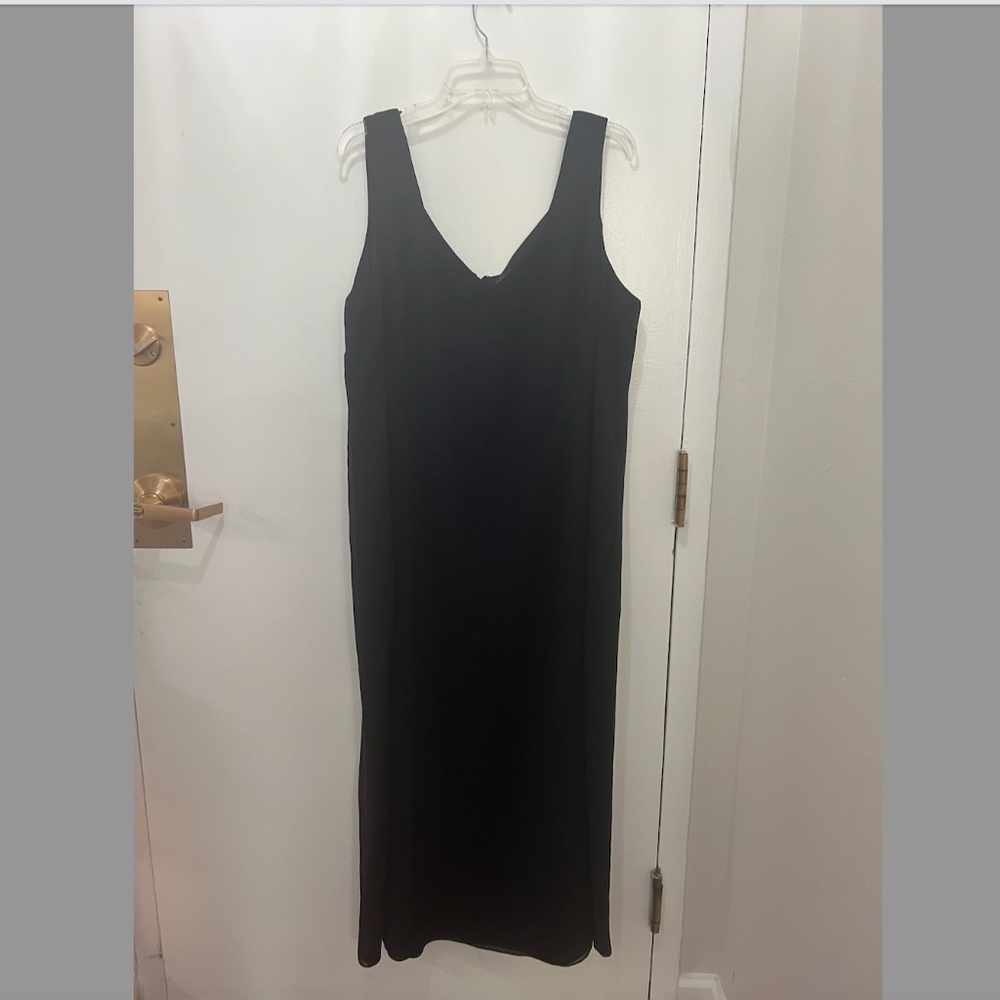 Vintage Black 100% Silk Sheer Chiphone Maxi Sleeveless Lined Dress Plus Size 18